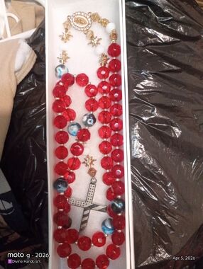 Red Beaded Rosary Necklace with Cross Pendant
